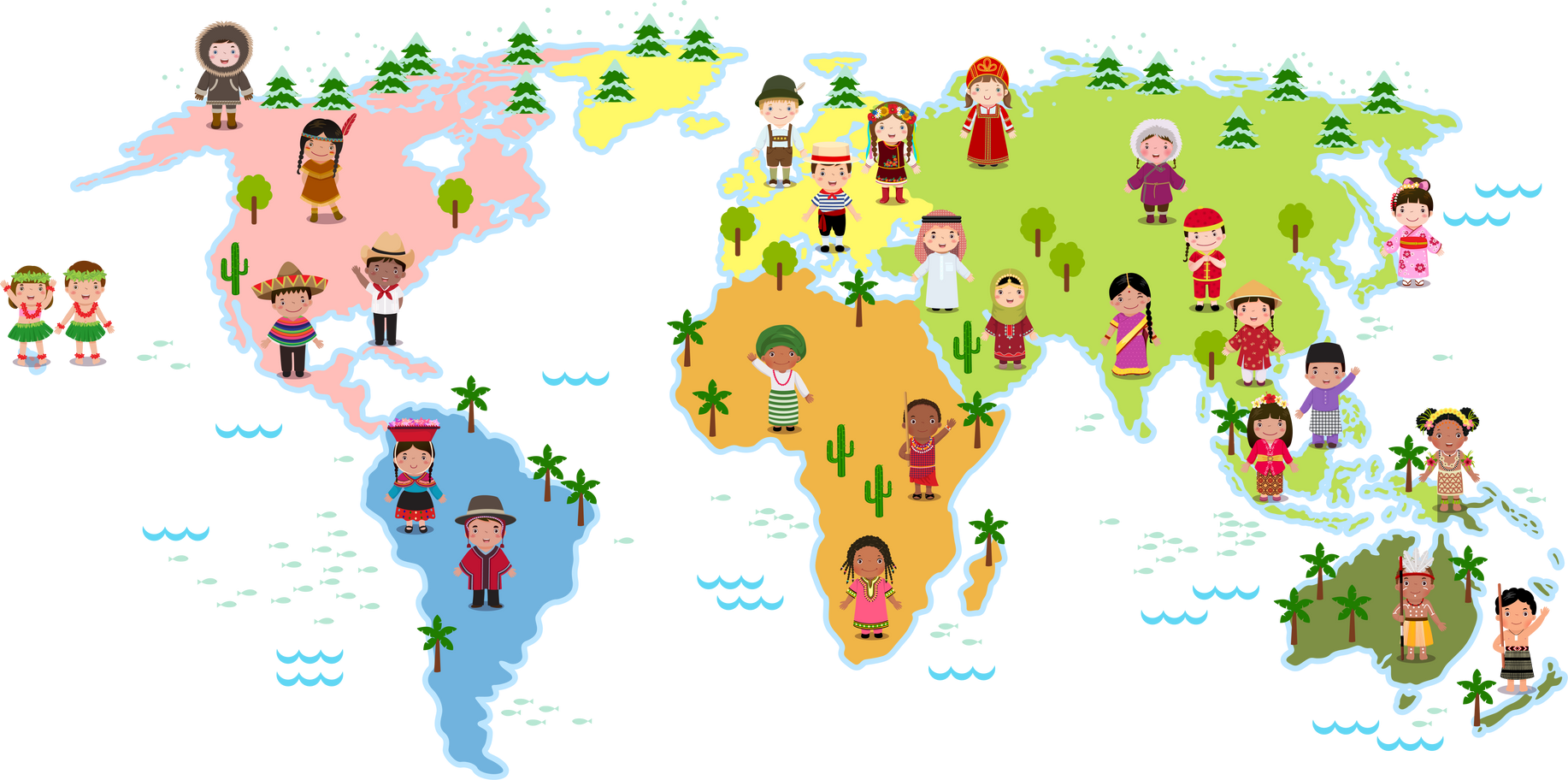 Cartoon world map and kids of various nationalities